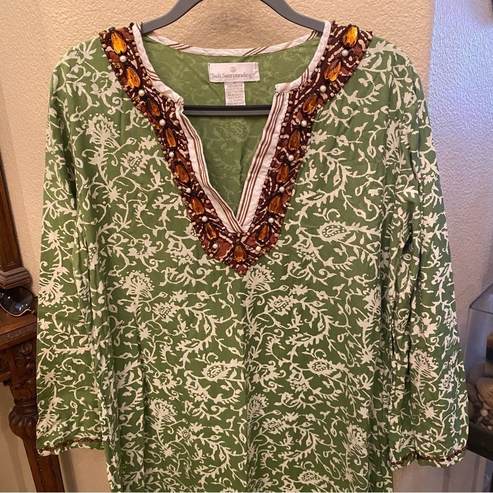 Vtg SOFT SURROUNDINGS Green White Jewel Beads Kaftan Maxi Dress Size Medium - Picture 2 of 8